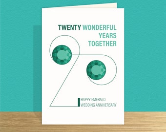 Emerald 20th wedding anniversary card for husband wife or parents 20 wonderful years Personalised message & large card options