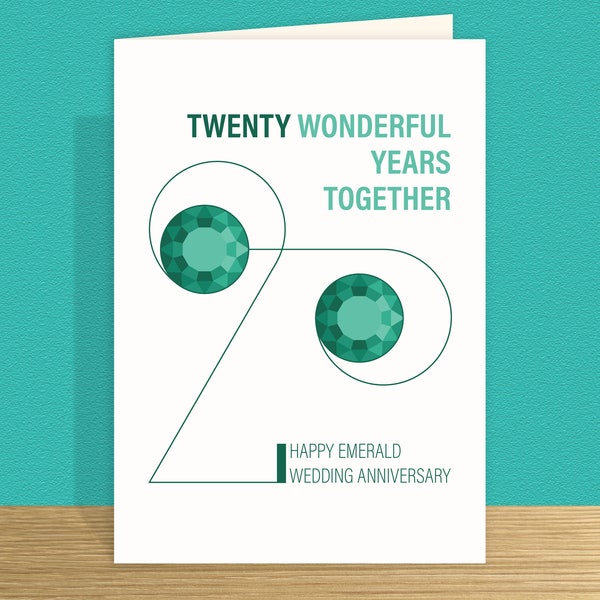 Emerald 20th wedding anniversary card for husband wife or parents 20 wonderful years Personalised message & large card options