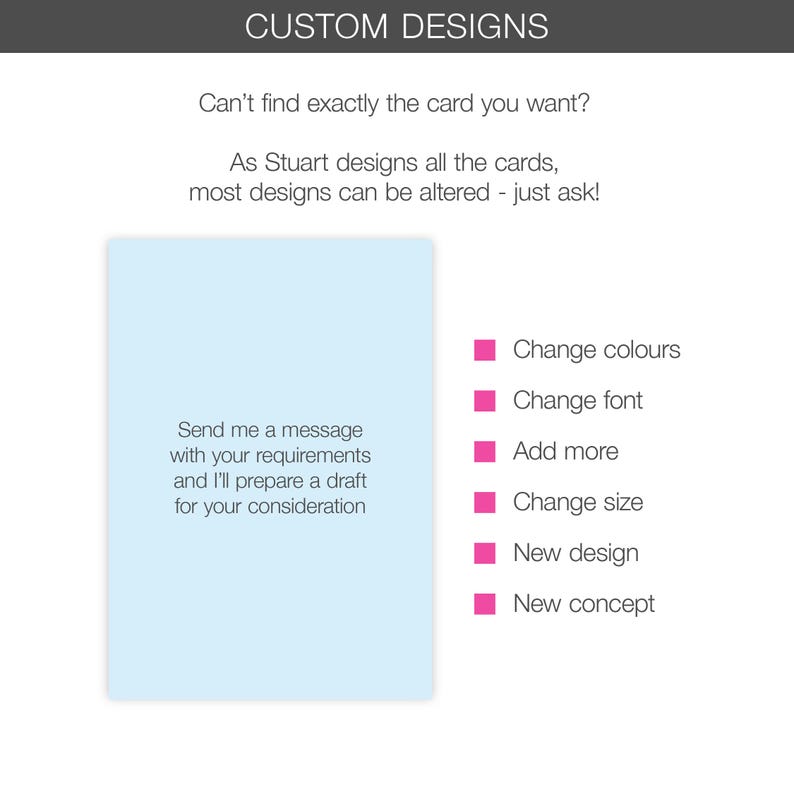 stuARTconcepts cards can all be customised - just ask! Suggestions in the image are: change colours, change text, add more, change size, a new design, a new concept.