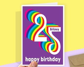 Personalized 25th Birthday Card, Rainbow Design