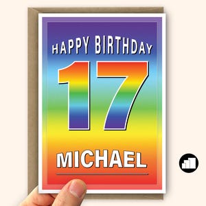 Cartão personalizado de 17º aniversário para menino ou menina. Mensagem personalizável. Opções de tamanho grande disponíveis.