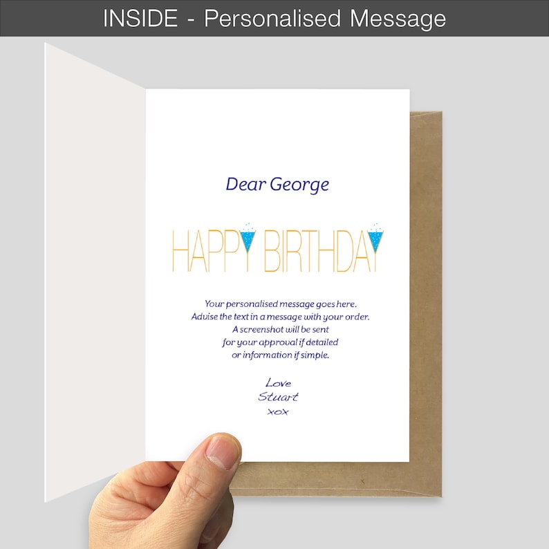 A hand holds the birthday card open showing the personalised message inside option. The card reads your recipient's name above "HAPPY BIRTHDAY". Below is placeholder text for your custom message. The card is above a recycled brown envelope.