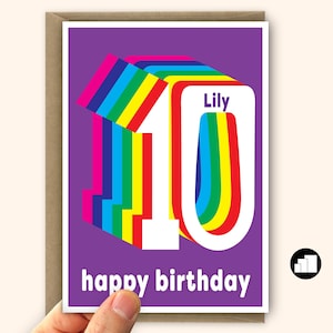 Tarjeta personalizada del décimo cumpleaños para niño para niña Tarjeta de cumpleaños Rainbow 10 para hijo hija Mensaje y opciones de tarjetas grandes