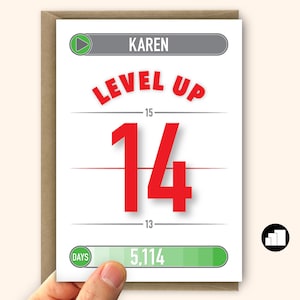 Personalisierte 14.Geburtstagskarte für Junge oder Mädchen Level Up Lustige 14 Geburtstagskarte für ihn ihre Sohn Tochter Große Kartenoption