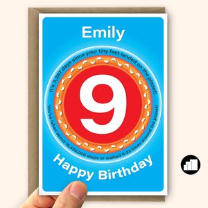 Cartão personalizado de 9º aniversário para menino para menina Estatísticas engraçadas Cartão grande de 9º aniversário para filho e filha