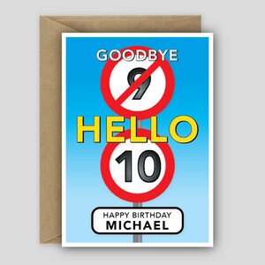 May include: A birthday greeting card with a blue gradient background featuring two circular red and white road signs. The top sign shows a crossed-out number 9, the word HELLO in yellow, and the bottom sign shows the number 10. Text reads HAPPY BIRTHDAY MICHAEL.