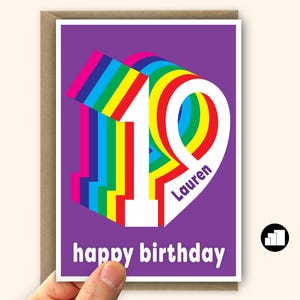 Gepersonaliseerde 19e gelukkige verjaardagskaart voor jongen voor meisje Regenboog 19 verjaardagskaart zoon dochter Bericht en grote kaartopties