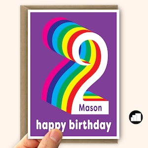 2e carte d'anniversaire personnalisée pour garçon pour fille Carte d'anniversaire arc-en-ciel 2 pour fils et fille Grande carte et options de message