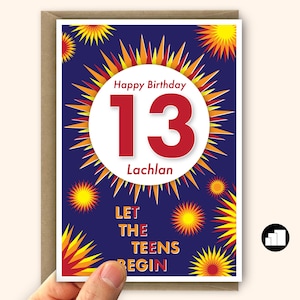 "13.Geburtstagskarte ""Let the Teens Begin Fireworks"", personalisiertes großes Geschenk für Sohn-Tochter."