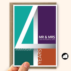 Biglietto per il 4° anniversario di matrimonio per marito o moglie, biglietto per genitori. Messaggio personalizzato e opzioni per biglietti di grandi dimensioni