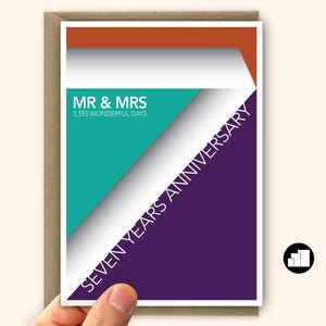 Tarjeta del séptimo aniversario de bodas para el esposo de la esposa Tarjeta de aniversario de siete años Tarjeta grande y opciones de mensajes personalizados