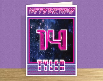 Personalised 14th birthday card for boy, 14 birthday card for son brother grandson, edit name, space synthwave theme, large card option