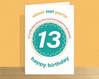 Funny 13th Birthday Card for boy for girl Unique personalised 13 birthday wishes card for him her son daughter Large card option