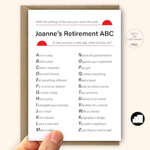 Tarjeta de jubilación personalizada, Jubilación laboral, Sugerencias ABC para la jubilación, tarjeta grande y opciones de mensaje
