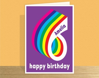 Personalised 6th birthday card for boy for girl Rainbow 6 birthday card for son daughter Large card & message options