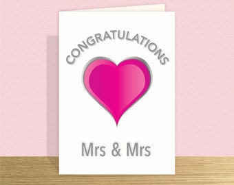 Lesbian wedding day card MRS & MRS card Wedding congratulations Pink heart card for Bride and Bride Add personalised message Large card