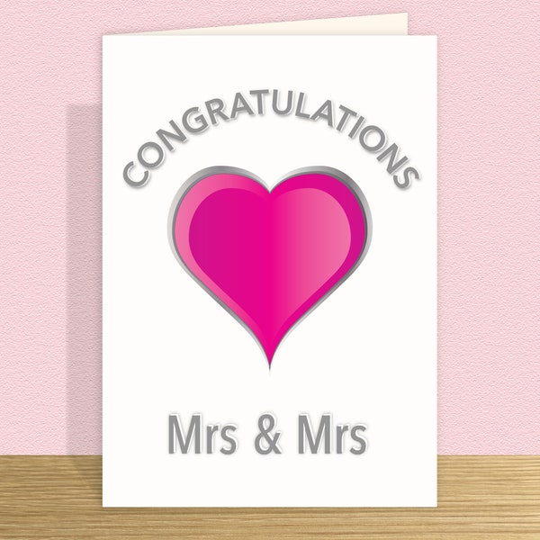 Lesbian wedding day card MRS & MRS card Wedding congratulations Pink heart card for Bride and Bride Add personalised message Large card