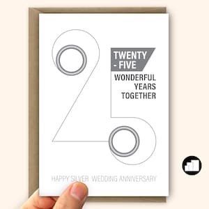 Biglietto d'auguri in argento per il 25° anniversario di matrimonio per marito, moglie o genitori. 25 anni meravigliosi. Messaggio personalizzato e opzioni per biglietti di grandi dimensioni.