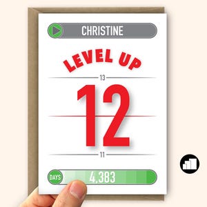 LEVEL UP! Lustige Karte zum 12.Geburtstag für Junge oder Mädchen Personalisierte 12.Geburtstagskarte für Sohn oder Tochter Große Karte Option