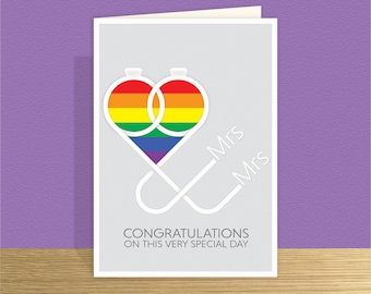 Mrs & Mrs Wedding Card Lesbian Heart Rings Rainbow wedding card gay wedding day card Large card message options
