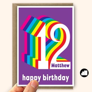 Grande carte d'anniversaire de 12 ans pour garçon et fille Arc-en-ciel