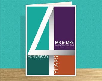 4th wedding anniversary card for husband or wife card for parents Personalised message & large card options