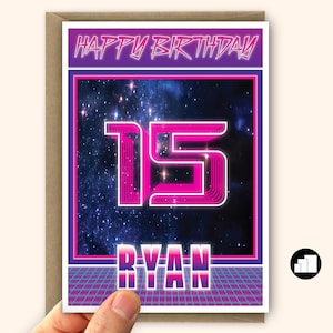 Carte personnalisée de 15 ans pour garçon Neon 15 ans pour fils Synthwave Option grande carte