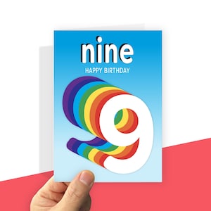 Printable 9th Birthday Card for boy or girl, Rainbow Nine, Digital file