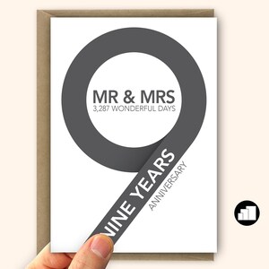 Tarjeta del noveno aniversario para esposa o esposo Tarjeta grande del noveno aniversario de bodas para él o ella Opciones de mensajes personalizados