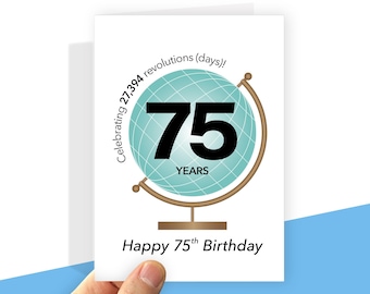 Printable 75th Birthday Card Globe Theme, Digital file