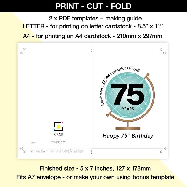 Printable 75th Birthday Card Globe Theme, Digital File - Etsy Australia