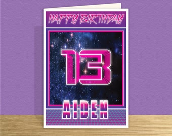 Personalised 13th birthday card for boy son grandson Space theme Synthwave Large card option