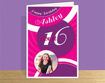 Sweet 16 birthday card for girl Photo personalised 16th birthday card for daughter granddaughter niece Large card message options