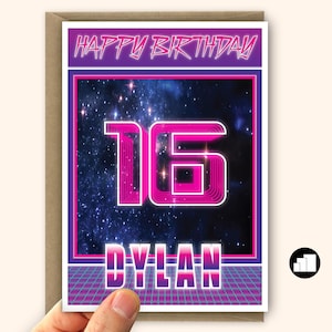 Grande carte de 16 ans personnalisée pour garçon et fils Grande carte de 16 ans pour lui sur le thème de l'espace Synthwave