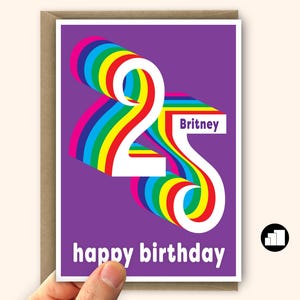 Tarjeta de cumpleaños número 25 personalizada para él para ella Tarjeta de cumpleaños Rainbow 25 para hijo o hija Opciones de tarjetas grandes y mensajes