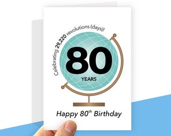 Printable 80th Birthday Card Globe Theme, Digital file