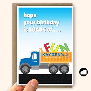 Carte des 4 ans pour garçon, camion, carte de 4 ans personnalisée pour fils et petit-fils Grande carte et options de message