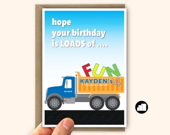 Carte des 4 ans pour garçon, camion, carte de 4 ans personnalisée pour fils et petit-fils Grande carte et options de message