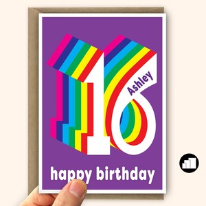 Gepersonaliseerde 16e verjaardagskaart voor jongen voor meisje 16e verjaardagskaart voor dochter of zoon Grote regenboogkaart en opties voor gepersonaliseerde berichten