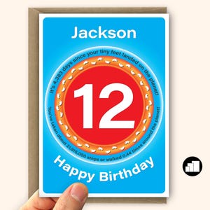 Cartão personalizado de 12º aniversário para menino para menina Estatísticas engraçadas Cartão grande de 12º aniversário para filho e filha