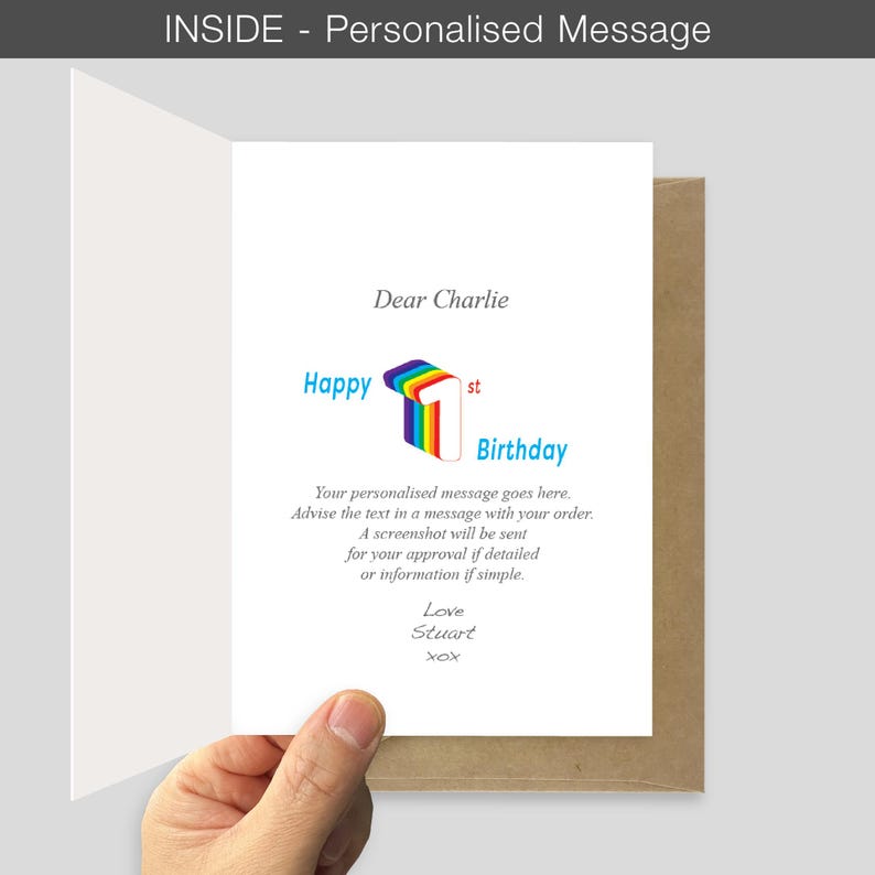 May include: A white greeting card with the text Dear Charlie, Happy 1st Birthday, and a rainbow-colored number one graphic. Below, the text reads Your personalised message goes here. Advise the text in a message with your order. Love Stuart xox.