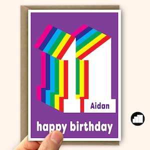 Carte personnalisée de 11 ans pour garçon ou fille Carte d'anniversaire arc-en-ciel de 11 ans pour fille ou fils Message et grandes options de carte