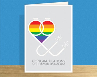 Mr & Mr Wedding Card Gay Heart Rings Ampersand Rainbow wedding card Groom and Groom wedding day card large card message options