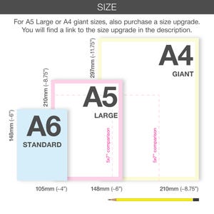 May include: A size comparison chart featuring three rectangular frames labeled A6 Standard in light blue, A5 Large in pink, and A4 Giant in yellow. Dimensions are provided in millimeters and inches, with a yellow pencil at the bottom for scale.