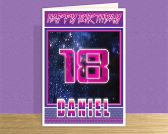 18th birthday card for boy Personalised 18 birthday card for son grandson space theme synthwave Large card & message options