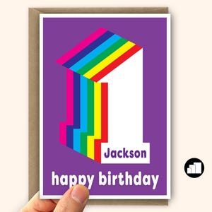 Personalised 1st birthday card for boy for girl First birthday card for son daughter Rainbow 1 Large card & message options