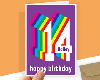 Personalised 14th Birthday Card for Son Daughter Rainbow Number