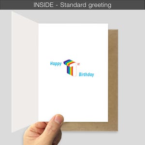 May include: A white greeting card with the text Happy 1st Birthday in blue, featuring a central graphic of the number one rendered in a rainbow color gradient. The card is open, revealing the interior message area against a plain background.