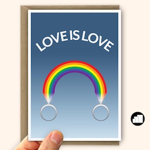 Love is Love Gay Hochzeitskarte LGBTQIA Hochzeitskarte Glückwunschkarte Regenbogenringe