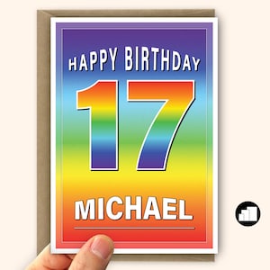 Tarjeta de cumpleaños número 17 personalizada para niño o niña Tarjeta de cumpleaños número 17 de arcoíris para hijo e hija Opciones de mensajes y tarjetas grandes